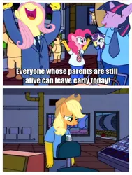 Size: 1036x1374 | Tagged: applejack, derpibooru import, flutter brutter, fluttershy, image macro, meme, my parents are dead, pinkie pie, rarity, sad, safe, screencap, the simpsons, twilight sparkle, we are going to hell