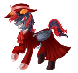 Size: 2491x2339 | Tagged: artist needed, safe, derpibooru import, oc, oc:borgz pony, unofficial characters only, alicorn, pony, alicorn oc, alucard, borg, goggles, hellsing, red eyes, sombra horn