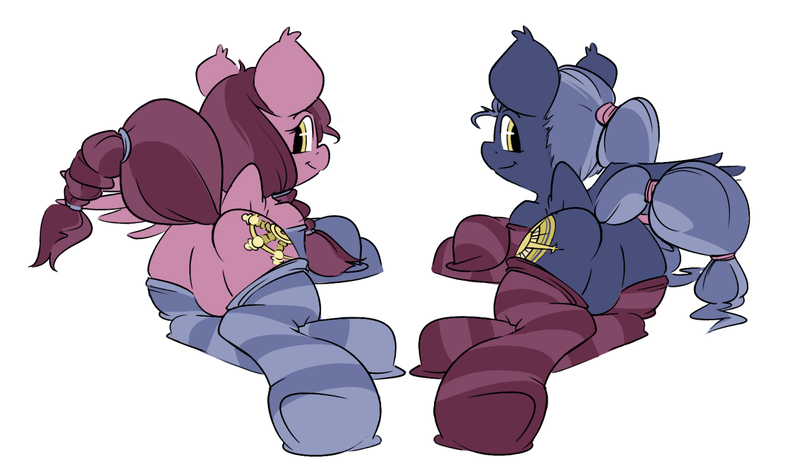 Size: 1314x772 | Tagged: suggestive, artist:bbsartboutique, derpibooru import, oc, oc:meridian, oc:paralie, unofficial characters only, pegasus, pony, clothes, plot, smiling, socks, striped socks, twins