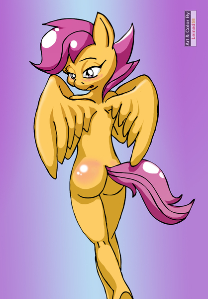 Size: 1024x1471 | Tagged: anthro, artist:leinad56, ass, blushing, derpibooru import, female, foalcon, looking back, nudity, scootaloo, solo, solo female, suggestive