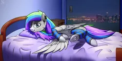 Size: 1440x720 | Tagged: suggestive, artist:starfall-spark, derpibooru import, oc, unofficial characters only, pegasus, pony, bed, bedroom, city, clothes, requested art, socks, sultry pose