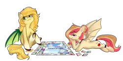 Size: 1024x512 | Tagged: safe, artist:goshhhh, derpibooru import, oc, oc:apple bite, oc:sunflower meadows, unofficial characters only, bat pony, board game, cute, floppy ears, hooves up, monopoly, monopony, simple background