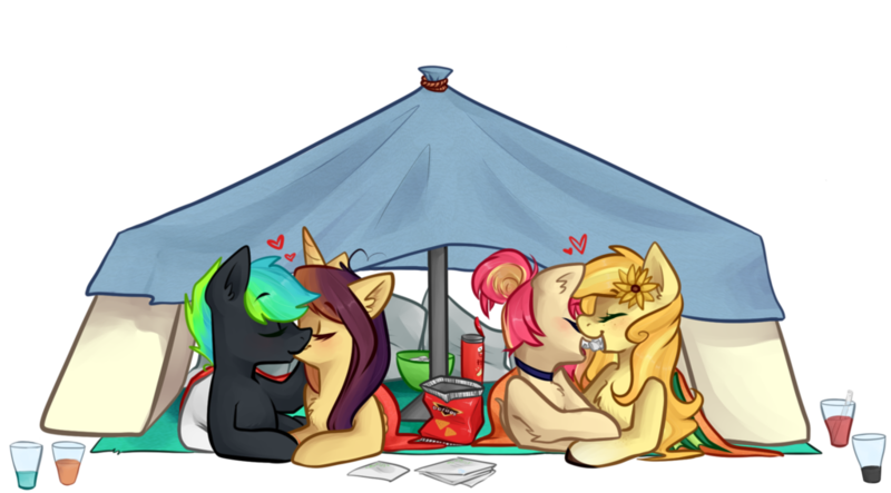 Size: 1024x567 | Tagged: artist:goshhhh, derpibooru import, female, glessi, kissing, lesbian, male, oc, oc:apple bite, oc:glitch, oc:lessi, oc:sunflower meadows, safe, sleepover, straight, unofficial characters only