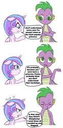 Size: 745x1500 | Tagged: safe, artist:root, derpibooru import, princess flurry heart, spike, comic, cute, drama, flurry heart drama, flurrybetes, funny, missing the point, older, older spike, simple background, spikabetes, spoiled brat, uncle and niece, uncle spike
