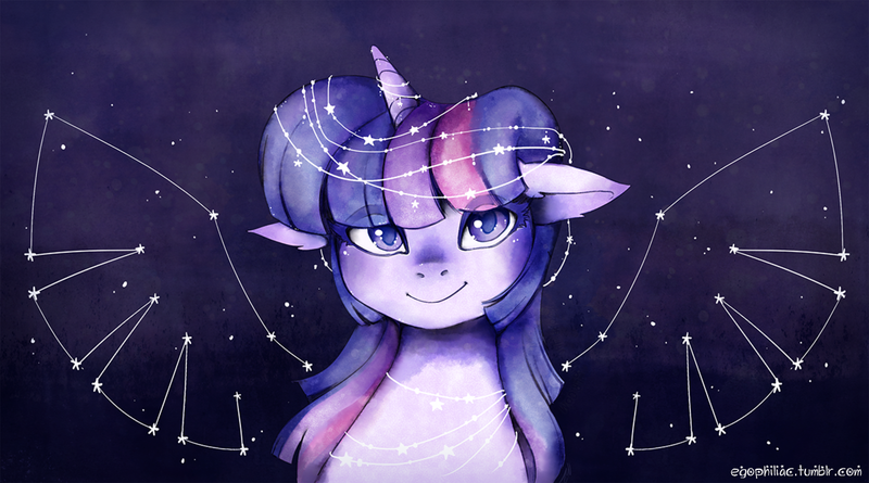 Size: 1200x667 | Tagged: safe, artist:egophiliac, derpibooru import, twilight sparkle, twilight sparkle (alicorn), alicorn, pony, constellation, digital painting, female, floppy ears, looking at you, mare, smiling, solo, stars, wings