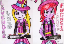 Size: 2058x1417 | Tagged: safe, artist:blazingdazzlingdusk, derpibooru import, fuchsia blush, lavender lace, equestria girls, rainbow rocks, band, drawing, duo, requested art, traditional art