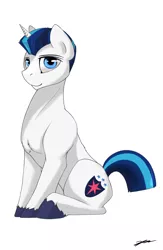 Size: 1300x2000 | Tagged: alternate hairstyle, artist:gasmaskfox, buzzcut, derpibooru import, looking at you, safe, shining armor, short mane, sitting, solo