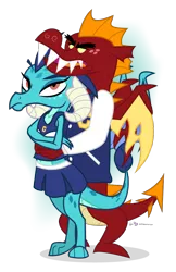 Size: 660x1020 | Tagged: artist:dm29, awkward, cheerleader, cheerleader outfit, cheerleading, crossed arms, derpibooru import, dragon, dragoness, dragons wearing clothes, dragons wearing human clothes, dragons wearing school uniforms, emble, female, garble, letterman jacket, male, princess ember, safe, shipping, simple background, straight, transparent background