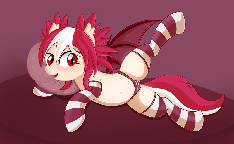 Size: 5612x3464 | Tagged: questionable, artist:sethisto, derpibooru import, oc, oc:ruby skies, unofficial characters only, bat pony, pony, belly button, blushing, cameltoe, clothes, cushion, cute little fangs, disgaea, etna, fangs, female, looking at you, open mouth, panties, smiling, socks, solo, solo female, spread legs, spread wings, spreading, striped socks, striped underwear, underwear, wings