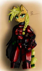 Size: 672x1120 | Tagged: safe, artist:arcadia-newblood, derpibooru import, applejack, anthro, crossover, mandalorian, solo, star wars