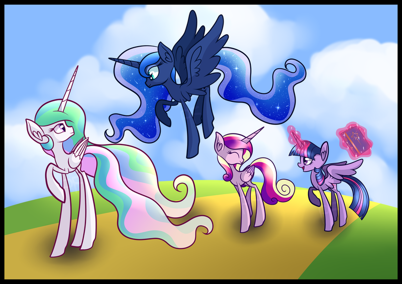 Size: 1024x725 | Tagged: safe, artist:princessfaeron, derpibooru import, princess cadance, princess celestia, princess luna, twilight sparkle, twilight sparkle (alicorn), alicorn, pony, alicorn tetrarchy, book, ear fluff, female, flying, image, magic, mare, png, royal sisters, telekinesis