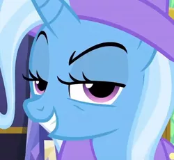 Size: 610x560 | Tagged: safe, derpibooru import, screencap, trixie, pony, unicorn, no second prances, female, grin, mare, no second glances, smirk