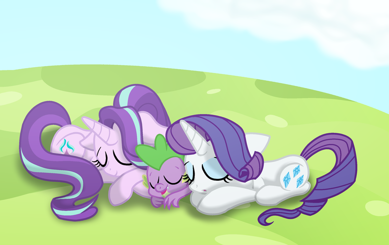 Size: 2700x1700 | Tagged: safe, artist:geraritydevillefort, derpibooru import, rarity, spike, starlight glimmer, cuddling, female, love triangle, male, rarisparlight, shipping, sleeping, snuggling, sparity, sparlight, spike gets all the mares, straight