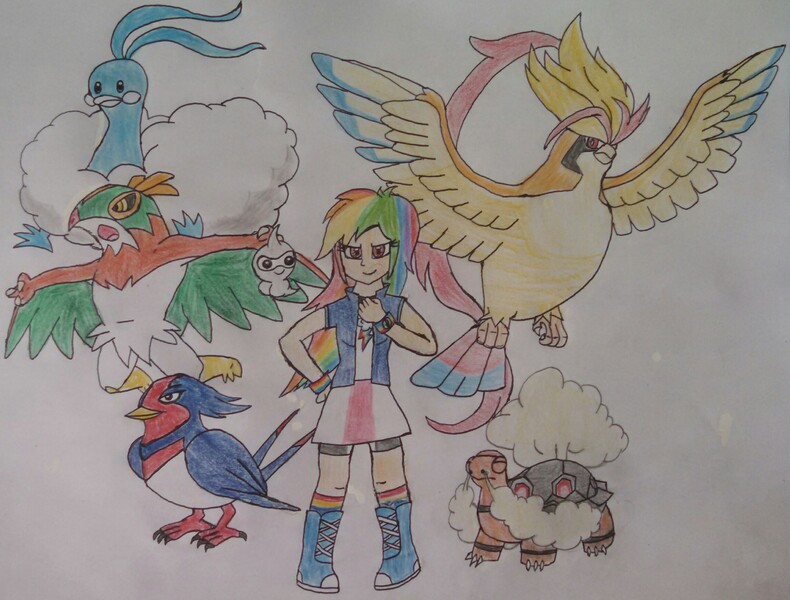 Size: 2289x1739 | Tagged: altaria, artist:wolf, castform, derpibooru import, equestria girls outfit, hawlucha, human, humanized, mega evolution, mega pidgeot, pidgeot, pokémon, pokémon team, pokémon trainer, rainbow dash, safe, swellow, torkoal, traditional art, wolf's pokémon teams