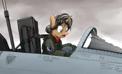 Size: 900x544 | Tagged: safe, artist:buckweiser, artist:karmamoonshadow, derpibooru import, oc, oc:lotus grace, unofficial characters only, pony, unicorn, air force, aircraft, cockpit, crying, guilt, military pony, overcast, pilot