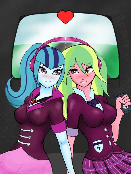 Size: 1500x2000 | Tagged: safe, artist:sketch-bro, derpibooru import, lemon zest, sonata dusk, equestria girls, big breasts, blushing, breasts, clothes, crystal prep academy uniform, female, headphones, heart, ipod, lemonata, lesbian, road, school uniform, sharing headphones, shipping