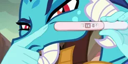 Size: 464x234 | Tagged: bad edit, derpibooru import, dragon, edit, edited screencap, gauntlet of fire, pregnancy test, pregnancy test meme, princess ember, safe, screencap, solo