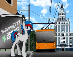 Size: 2416x1884 | Tagged: safe, artist:subway777, derpibooru import, oc, ponified, unofficial characters only, pony, unicorn, city, cityscape, perm, russia, standing, trolleybus