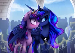 Size: 2700x1910 | Tagged: safe, artist:magnaluna, artist:silfoe, derpibooru import, princess luna, twilight sparkle, twilight sparkle (alicorn), alicorn, pony, royal sketchbook, angry kissing, blushing, colored pupils, cute, exclamation point, female, fluffy, glare, hug, kissing, lesbian, lunabetes, mare, middle feather, middle finger, nose wrinkle, paparazzi, scandal, shipping, shivering, twiabetes, twiluna, wide eyes, wing hands, winghug