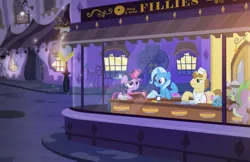 Size: 1200x779 | Tagged: safe, artist:pixelkitties, derpibooru import, donut joe, spike, trixie, twilight sparkle, pony, unicorn, cafe, female, fine art parody, food, mare, nighthawks, parody