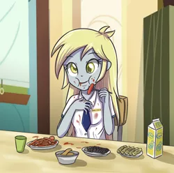 Size: 3507x3472 | Tagged: safe, artist:sumin6301, derpibooru import, derpy hooves, equestria girls, clothes, cute, eating, food, fork, messy, messy eating, school uniform, solo