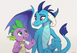 Size: 1520x1058 | Tagged: artist:akeahi, derpibooru import, dragon, duo, female, gauntlet of fire, looking at each other, mare, open mouth, princess ember, safe, simple background, sitting, smiling, spike, white background, wings