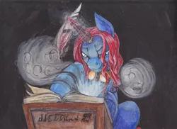 Size: 2325x1691 | Tagged: safe, artist:scribblepwn3, derpibooru import, oc, oc:midnight scribbler, unofficial characters only, pony, unicorn, horn ring, ink, linking book, magic, myst, myst crossover, quill, sitting, solo, traditional art, watercolor painting