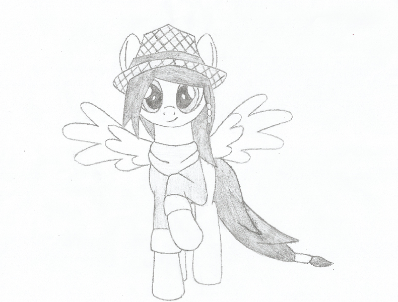 Size: 1312x997 | Tagged: safe, artist:crtical hit, derpibooru import, oc, oc:winter, unofficial characters only, pegasus, pony, fallout equestria, clothes, monochrome, solo, standing, traditional art