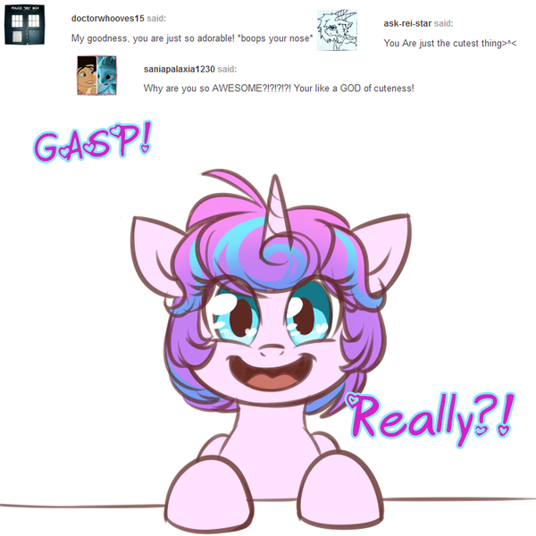 Size: 750x750 | Tagged: safe, artist:its-gloomy, derpibooru import, princess flurry heart, ask, big eyes, cute, dialogue, excited, flurrybetes, flurryheart-babbles, heart eyes, looking at you, open mouth, simple background, smiling, solo, tumblr, white background, wingding eyes