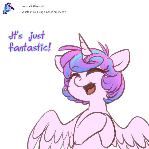 Size: 750x750 | Tagged: artist:its-gloomy, ask, cute, derpibooru import, dialogue, eyes closed, flurrybetes, flurryheart-babbles, older, open mouth, princess flurry heart, safe, simple background, smiling, solo, tumblr, white background