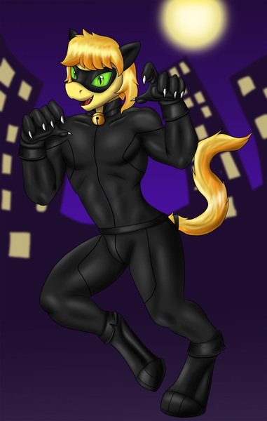 Size: 1312x2064 | Tagged: safe, artist:flameydragwasp, derpibooru import, braeburn, anthro, earth pony, unguligrade anthro, catsuit, chat noir, clothes, cosplay, costume, crossover, green eyes, male, miraculous ladybug, simple background, solo