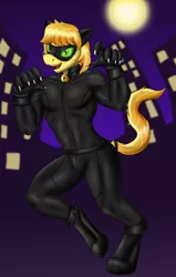 Size: 1312x2064 | Tagged: safe, artist:flameydragwasp, derpibooru import, braeburn, anthro, earth pony, unguligrade anthro, catsuit, chat noir, clothes, cosplay, costume, crossover, green eyes, male, miraculous ladybug, simple background, solo
