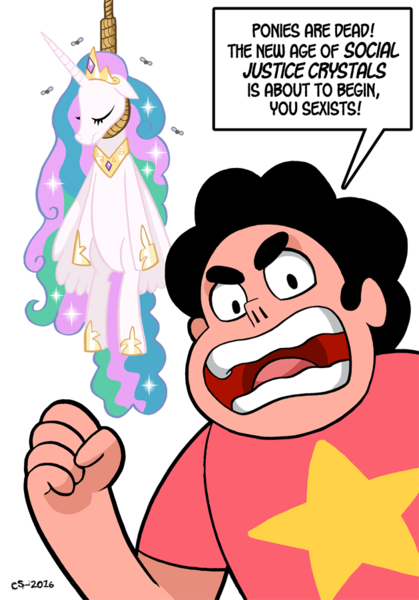 Size: 629x900 | Tagged: abuse, artist:curtsibling, baby war, celestiabuse, corpse, death, derpibooru import, dialogue, downvote bait, drama bait, flies, grimdark, hanging, hanging (by neck), meta, mouthpiece, noose, out of character, princess celestia, simple background, steven quartz universe, steven universe, strawman, transparent background, troll art, wat