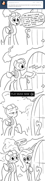 Size: 800x3230 | Tagged: artist:docwario, ask, ask pia ikea, comic, derpibooru import, flutterhigh, fluttershy, high, monochrome, oc, oc:pia ikea, safe, tumblr, youtube link