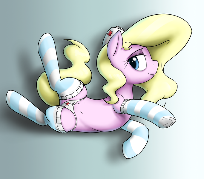 Size: 1800x1581 | Tagged: artist:anearbyanimal, artist:lux, back twist, bedroom eyes, belly button, cameltoe, clothes, cutie mark underwear, derpibooru import, flexible, lingerie, lying down, nurse, oc, oc:nurse bonesaw, on back, panties, questionable, ribbon, socks, solo, striped socks, thigh highs, thong, underwear, unofficial characters only, white underwear