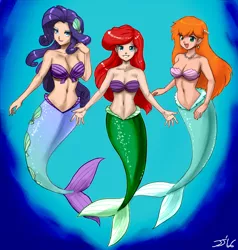 Size: 1500x1575 | Tagged: safe, artist:johnjoseco, color edit, colorist:lanceomikron, derpibooru import, edit, rarity, human, mermaid, ariel, belly button, breasts, busty rarity, cleavage, color, colored, crossover, disney, female, humanized, mermaidized, mermarity, midriff, misty brightdawn, pokémon, seashell, the little mermaid