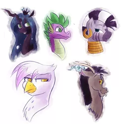 Size: 2000x2000 | Tagged: safe, artist:rubywave32, derpibooru import, discord, gilda, queen chrysalis, spike, zecora, gryphon, zebra, bust, older, portrait, simple background, sketch, white background