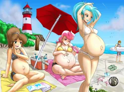 Size: 1351x1000 | Tagged: allie way, armpits, artist:avamon, beach, beach umbrella, belly, belly button, bikini, book, breasts, busty allie way, busty cup cake, clothes, cup cake, derpibooru import, feet, female, human, humanized, lighthouse, non-mlp oc, oc, pregnant, sand, sandals, shovel, smiling, starfish, suggestive, suntan lotion, swimsuit, thick cup cake, tree, trio, water