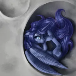 Size: 1280x1280 | Tagged: safe, artist:aphphphphp, derpibooru import, princess luna, alicorn, pony, crater, cute, female, looking at you, lunabetes, lying down, mare, moon, side, solo