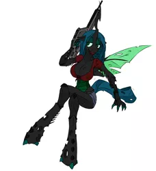 Size: 2870x3141 | Tagged: suggestive, alternate version, artist:drakecreator, artist:evan555alpha, color edit, derpibooru import, edit, queen chrysalis, anthro, unguligrade anthro, big breasts, breasts, busty queen chrysalis, colored, female, gun, rifle, smiling, solo, solo female, weapon