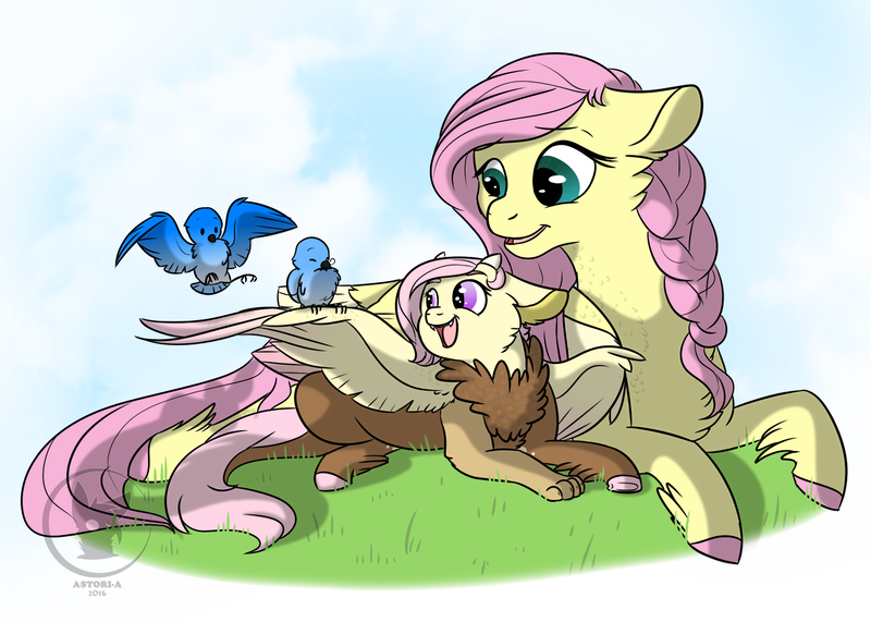 Size: 1400x1000 | Tagged: artist:bluesidearts, bird, braid, derpibooru import, fluttershy, hybrid, interspecies offspring, mother and daughter, oc, oc:panacea, offspring, parent:discord, parent:fluttershy, parents:discoshy, safe