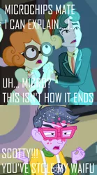 Size: 1000x1800 | Tagged: safe, derpibooru import, edit, edited screencap, screencap, microchips, scott green, scribble dee, a banner day, equestria girls, equestria girls (movie), friendship games, angry, background human, caught, fall formal outfits, glasses, infidelity, meme, microdee, scottdee, shipping, shipping denied, short, waifu, waifu thief