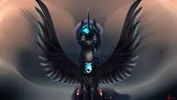 Size: 1191x670 | Tagged: armor, artist:alumx, bust, derpibooru import, full face view, lidded eyes, looking at you, nightmare moon, paint tool sai, photoshop, portrait, safe, signature, solo, spread wings, waist up