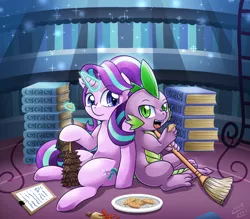 Size: 2000x1752 | Tagged: safe, artist:vavacung, derpibooru import, spike, starlight glimmer, dragon, pony, unicorn, book, broom, cookie, duster, female, food, looking at you, magic, male, mare, open mouth, smiling