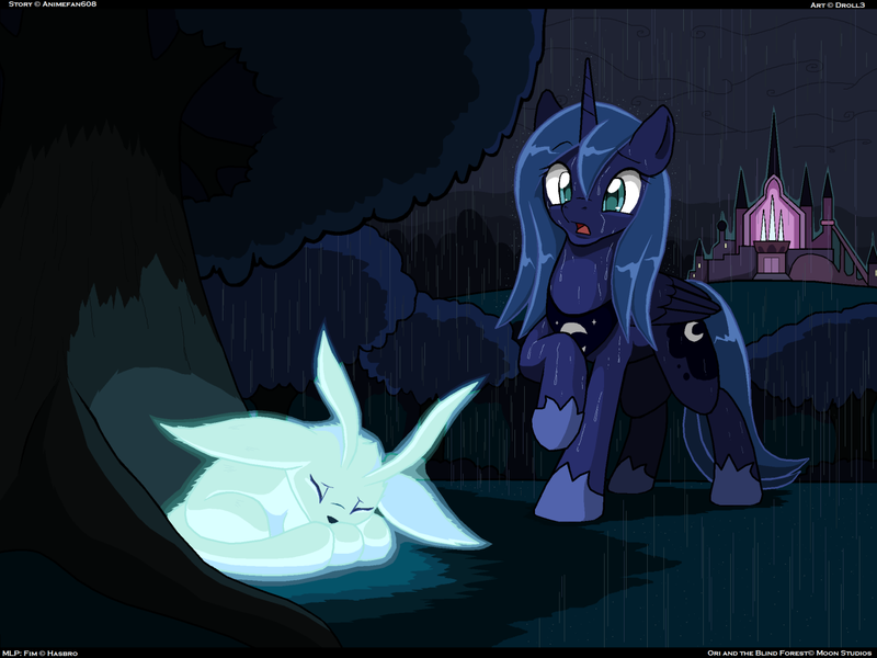 Size: 1285x964 | Tagged: artist:droll3, castle of the royal pony sisters, crossover, derpibooru import, everfree forest, ori, ori and the blind forest, princess luna, rain, raised hoof, s1 luna, safe, wet, wet mane