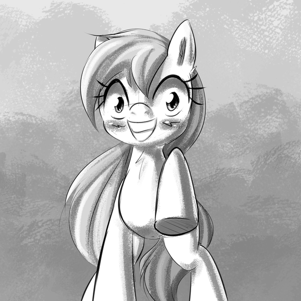 Size: 2000x2000 | Tagged: safe, artist:randy, derpibooru import, oc, oc:aryanne, unofficial characters only, earth pony, pony, accidentally, black and white, chest fluff, creepy, female, fluffy, grayscale, looking at you, mare, monochrome, overly attached girlfriend, raised leg, solo, standing, stomping