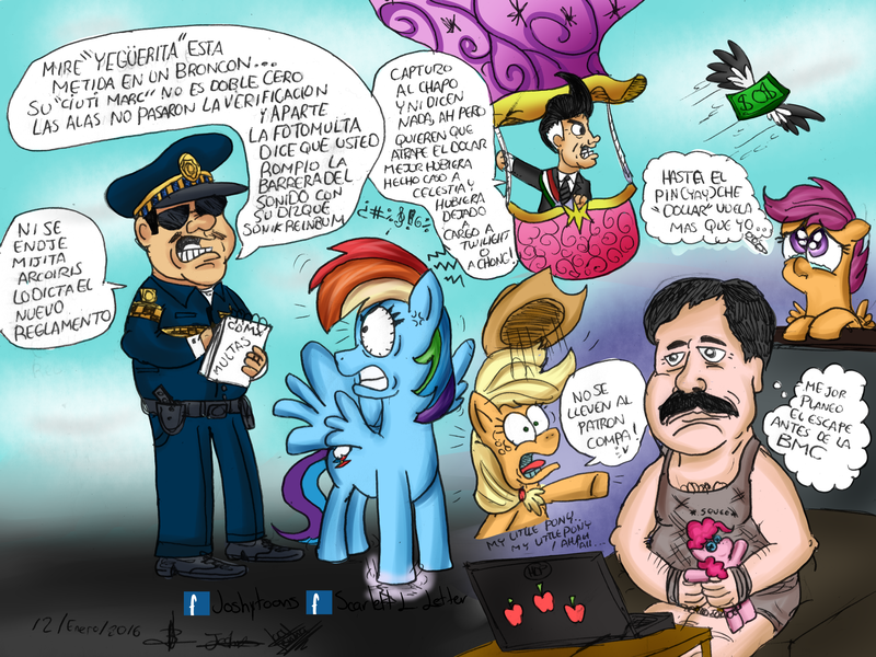 Size: 3307x2480 | Tagged: applejack, artist:joshytoons, artist:scarlett-letter, derpibooru import, el chapo, human, mexico, police, political cartoon, rainbow dash, safe, scootaloo, spanish