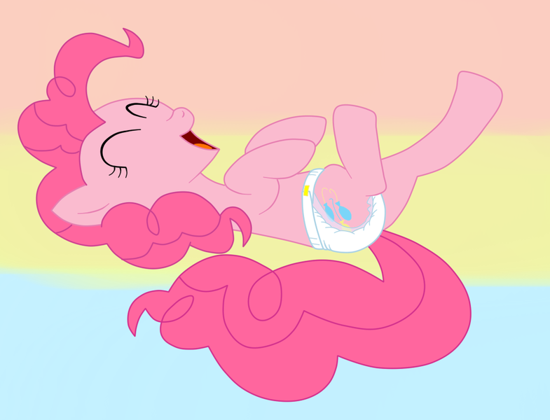 Size: 1022x781 | Tagged: questionable, anonymous artist, derpibooru import, pinkie pie, earth pony, pony, diaper, diaper fetish, eyes closed, female, laughing, mare, on back, solo, solo female