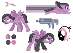 Size: 1516x1094 | Tagged: safe, artist:bluerosearrow, derpibooru import, oc, oc:violet night, unofficial characters only, gun, reference sheet, solo, weapon