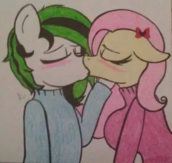 Size: 500x476 | Tagged: artist needed, safe, derpibooru import, fluttershy, oc, oc:thunder scratch, anthro, canon x oc, kissing, shipping